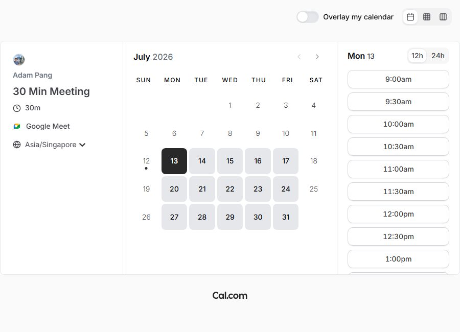 Preview of Adam Pang's Cal.com page